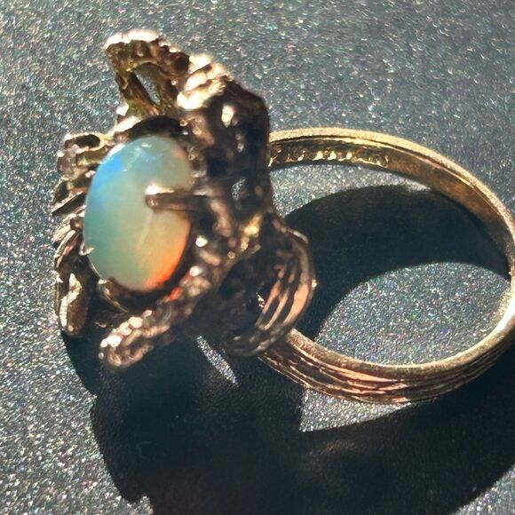14K Genuine Opal Diamond Cocktail Ring Antiqued Cage Floral Motif Vintage Size 7 - Picture 7 of 17